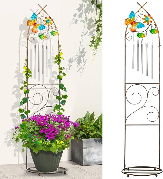 Plant Stands with Garden Trellis, 48” Metal Standing Wind Chimes Plant Pot Trellis with Butterfly for Garden Patio Backyard Climbing Plants Outdoor Decor