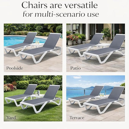 Kozyard Outdoor Chaise Lounge Chair, Full Flat Adjustable Patio Lounger with Aluminum Frame & Resin Legs, Textilene Fabric for Poolside, Backyard & Beach (Gray Without Table)