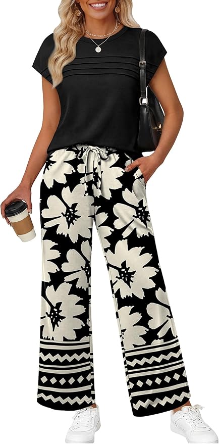 WIHOLL Two Piece Set for Women Summer Spring Outfits Matching Sets Women Clothing Airport Travel Vacation Wide Leg Pants
