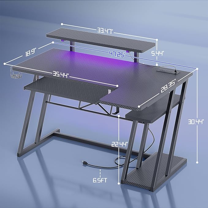 Gaming Desk with Shelves and Outlets, L Shaped Gaming Desk with LED Lights, Reversible L Shaped Computer Desk for Gamer, Carbon Fiber Black, 47"