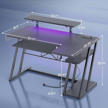 Gaming Desk with Shelves and Outlets, L Shaped Gaming Desk with LED Lights, Reversible L Shaped Computer Desk for Gamer, Carbon Fiber Black, 47"