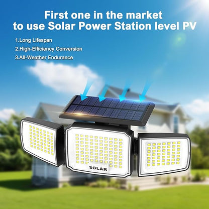 Solar Security Light Outdoor Super Bright LED, Motion Sensor Flood Light, 3 Heads 270° Wide Angle,Remote Control, IP65 Waterproof, 3 Modes (3 Packs)
