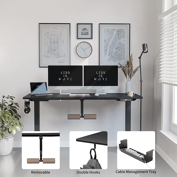 FAMISKY 55 Inch Height Adjustable Standing Desk with Foot Rest, Sit Stand Home Office Desk with Hooks, Ergonomic Workstation Black Steel Frame/Black Wood Top
