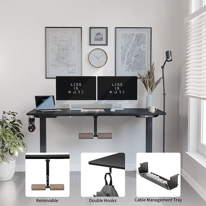 FAMISKY 55 Inch Height Adjustable Standing Desk with Foot Rest, Sit Stand Home Office Desk with Hooks, Ergonomic Workstation Black Steel Frame/Black Wood Top