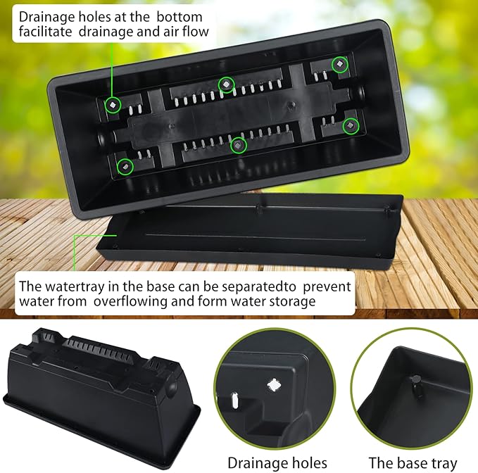 Window Box Planter, 10 Pack Plastic Vegetable Flower Planters Boxes 17 Inches Rectangular Flower Pots with Saucers for Indoor Outdoor Garden, Patio, Home Decor (Black)