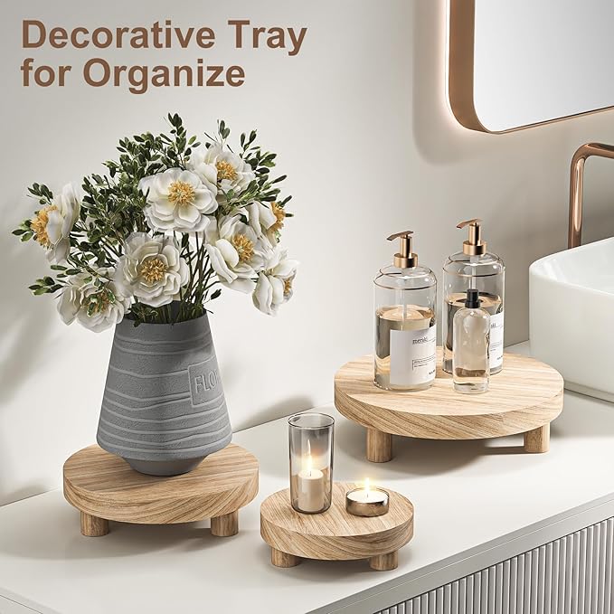 3 Pcs Wood Plant Stand Indoor Outdoor, Round Wood Riser for Decor 6/8/10" Wooden Stool Display Stand Flower Pot Holder Small Planter Tray Modern Potter Decorative for Desktop Counter Room (Natural)