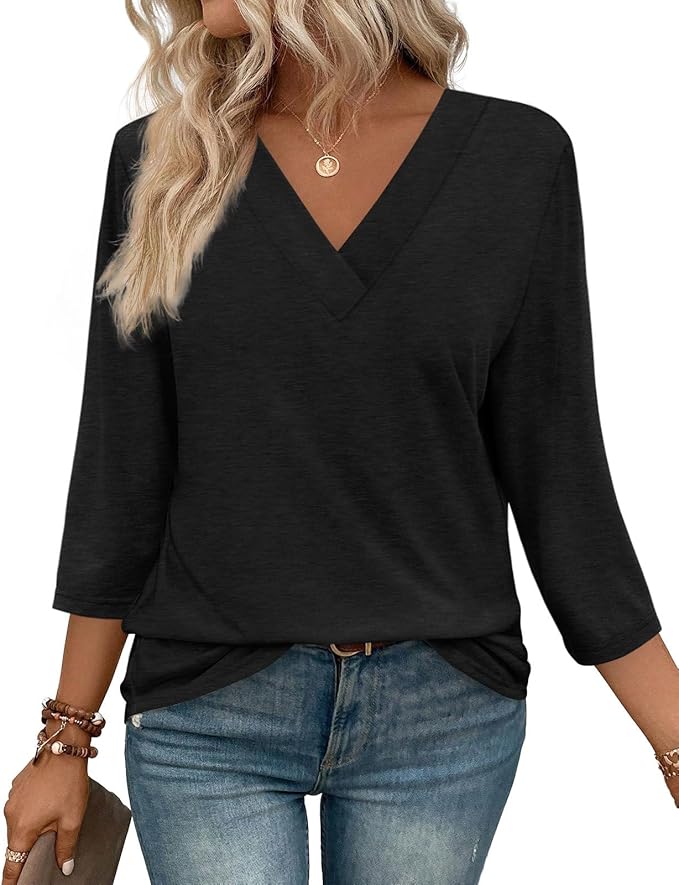 WIHOLL Womens Tops 3/4 Length Sleeve V Neck Casual Tunic Tops Basic Shirts Loose Fit Blouse