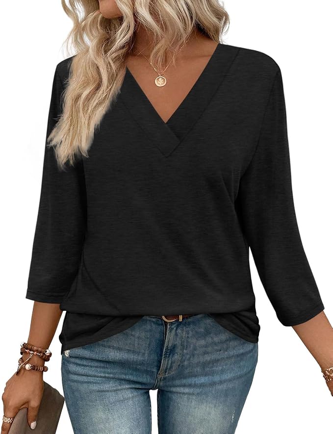 WIHOLL Womens Tops 3/4 Length Sleeve V Neck Casual Tunic Tops Basic Shirts Loose Fit Blouse