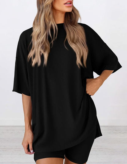 PRETTYGARDEN Women 2 Piece Lounge Set 2026 Summer Casual Oversized Shirts Biker Shorts Matching Airport Travel Outfit Clothes