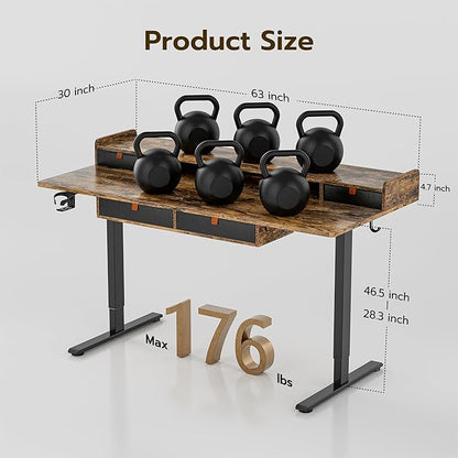 Standing Desk with Drawers 63x30 Inches large Standing Desk,Adjustable Height Desk with 4 PU Drawers,Storage Shelvers Sit Stand Up Desk,Home Office Computer Desk(Rustic Brown)