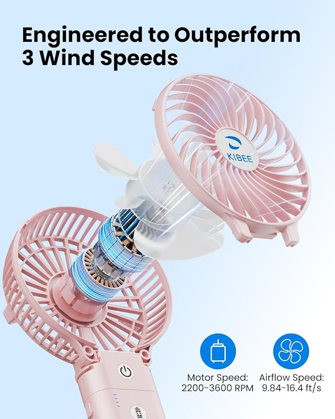 KIBEE 5200mAh Portable Handheld Fan, 20H Max Runtime USB Rechargeable Foldable 180° Mini Personal Fan, 3 Speeds Quiet Cooling Fan with Stand & Power Bank, Travel Outdoor Makeup Concerts (Pink)