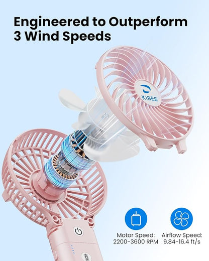 KIBEE 5200mAh Portable Handheld Fan, 20H Max Runtime USB Rechargeable Foldable 180° Mini Personal Fan, 3 Speeds Quiet Cooling Fan with Stand & Power Bank, Travel Outdoor Makeup Concerts (Pink)