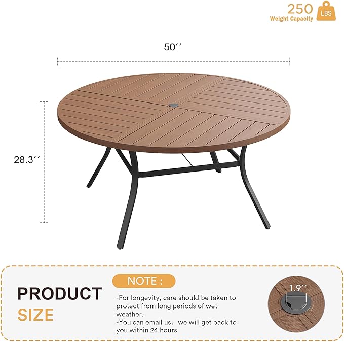 VICLLAX Round Patio Table with Adjustable Umbrella Hole for 6, All Weather Metal Outdoor Dining Table for Lawn Garden, 50" Outdoor Coffee Table, Walnut Wood-Like Tabletop