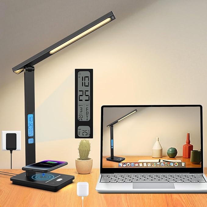 10 in 1 Smart Desk Lamp, Desk Table Lamp for Office, Eye-Caring Office Lamp with Night Light, Lamp for Desk with 10W Wireless Charger, Dimmable Touch Lamp for Home College Dorm Reading Study Work Room