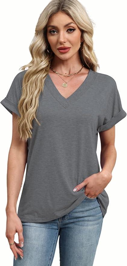 T Shirts Short Sleeve V Neck Tees Womens Tops Beach Vacation Fashion Clothes 2026 Casual Summer Spring Fall Outfits