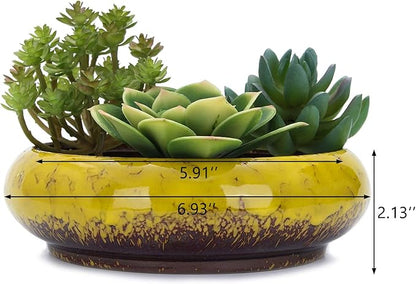 VanEnjoy 7.3 inch Round Large Shallow Succulent Ceramic Glazed Planter Pots with Drainage Hole, Bonsai Pots Garden Decorative Cactus Stand Flower Container (Yellow)