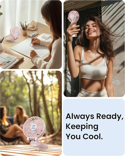 KIBEE 5200mAh Portable Handheld Fan, 20H Max Runtime USB Rechargeable Foldable 180° Mini Personal Fan, 3 Speeds Quiet Cooling Fan with Stand & Power Bank, Travel Outdoor Makeup Concerts (Pink)