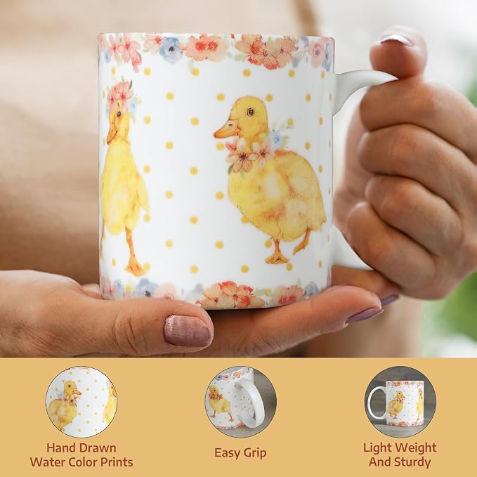 Maison d' Hermine Coffee Mug with Handles Tea Cups (12 Ounce, Pack of 1) | Fine Bone China Coffee Mugs for Hot Beverages Cappuccino Latte Home Spring Summer -Ducklings In Spring - Dancing Ducklings