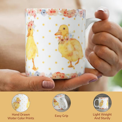 Maison d' Hermine Coffee Mug with Handles Tea Cups (12 Ounce, Pack of 1) | Fine Bone China Coffee Mugs for Hot Beverages Cappuccino Latte Home Spring Summer -Ducklings In Spring - Dancing Ducklings