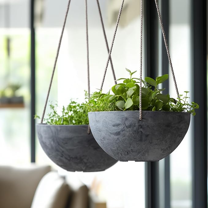 LA JOLIE MUSE Hanging Planter Flower Plant Pots - 9.84 Inch Indoor Outdoor Balcony Patio Hanging Basket Set of 2, Marble Pattern