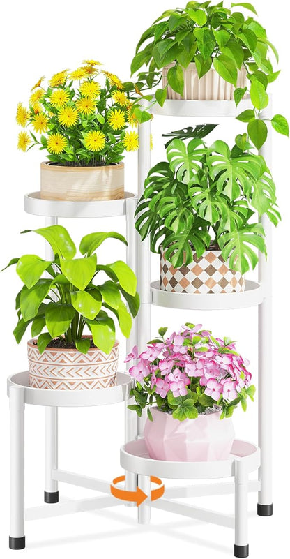 LASZOLA 5 Tiered Folding Tall Plant Stand Indoor for Multiple Large Planter, Heavy Duty Metal Adjustable Flower Rack for Narrow Corner, Sturdy Vertical Spiral Shelving Holder for Modern House, White