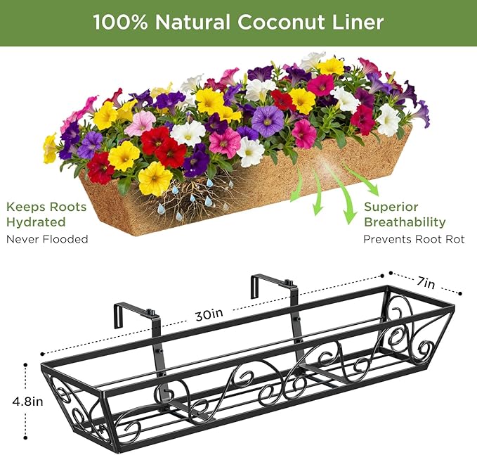 Y&M 30 Inch Butterfly Window Deck with Coco Liner, Fence Metal Hanging Flower Planter Window Basket Deck Railing Planter Boxes for Outdoor Garden Lawn 4pcs
