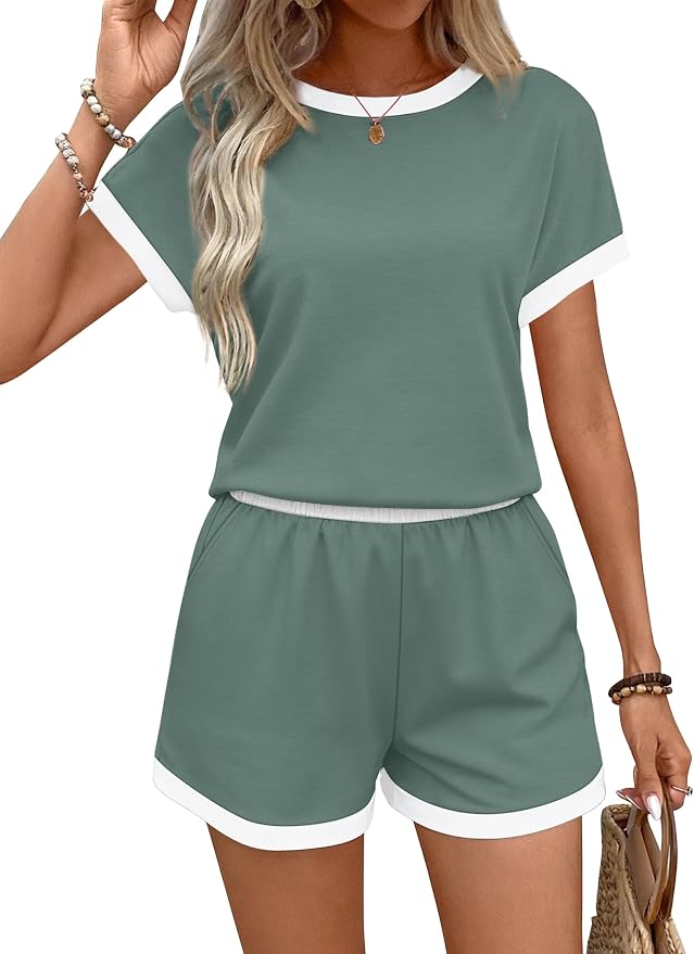 WIHOLL Two Piece Sets for Women Summer Lounge Short Sets Cap Sleeve Crew Neck Sweatsuit with Pocket XS-2XL