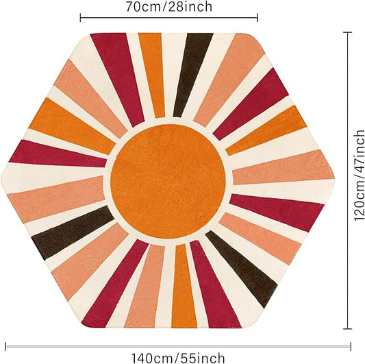 Washable Rainbow Rug for Kids Room Playroom, 4'x 4'7" Boho Sun Kids Rug for Girls Boys, Non-Slip Orange Carpet Small Play Rug for Tent Reading Corner Dorm Entryway