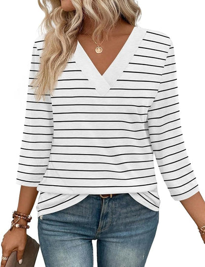 WIHOLL Womens Tops 3/4 Length Sleeve V Neck Casual Tunic Tops Basic Shirts Loose Fit Blouse