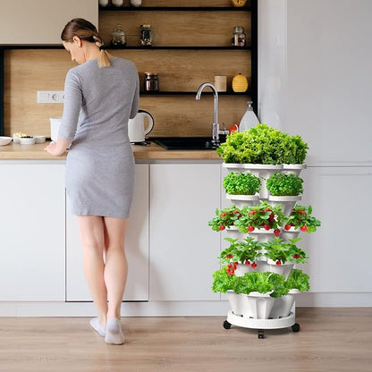 Strawberry Vertical Planters, 6 Tiered Stacking Tower Garden, Stackable Herb Vegetable Planters with Movable Casters and Bottom Saucer Indoor and Outdoor - White