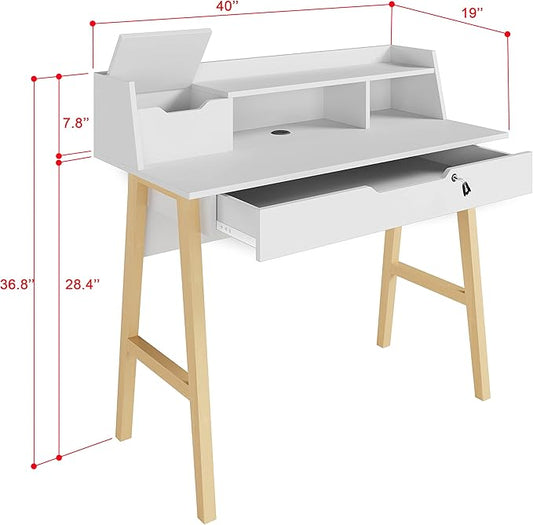 Roma Writing Desk - Elegant Wood Study Desk With Storage, Cable Holes & Drawers - Work Table for Home, Office, Dorm, Small Spaces - Compact Black Desk, 40x19x36.9” (white)