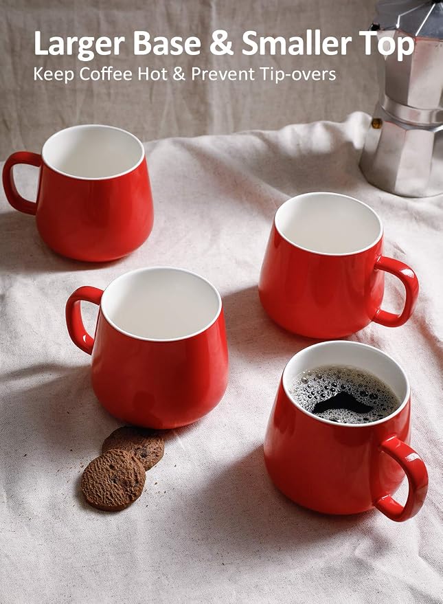 Teocera Ceramic Coffee Mug Set of 4-12 oz Coffee Mugs with Large Handles for Hot or Cold Drinks Like Latte, Cocoa, Tea or Juice - Smooth Ceramic, Dishwasher Safe, Red