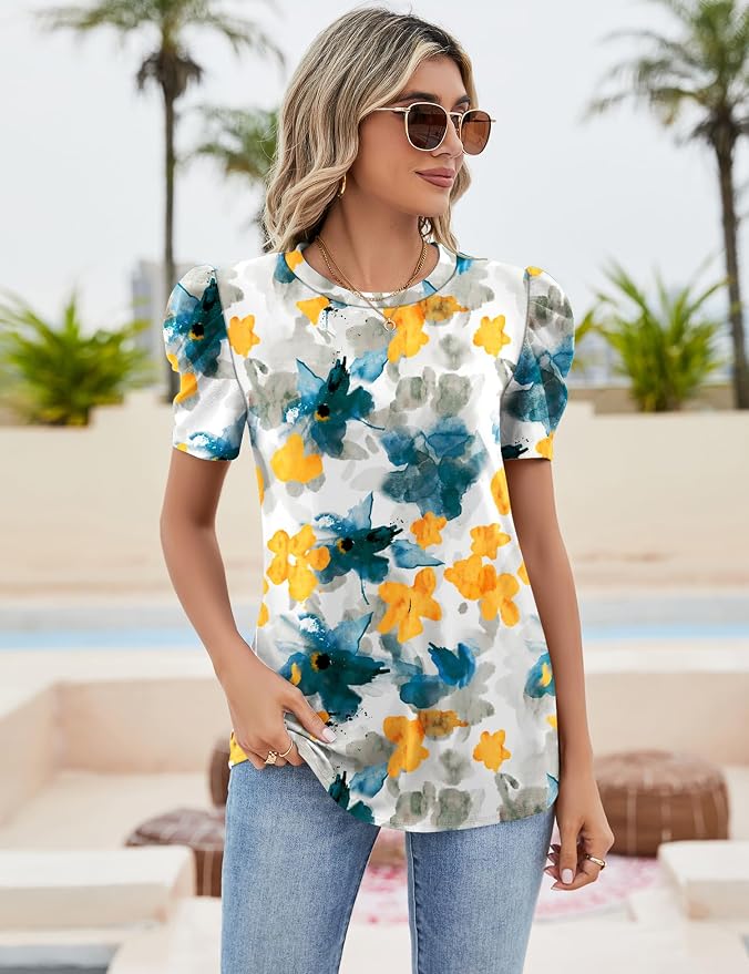 Ivicoer Puff Short Sleeve Shirt for Women Eyelet Tops Summer Crewneck Blouse Loose Fit S-XXL