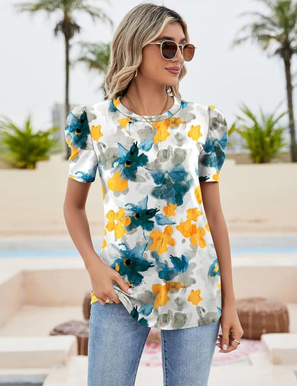 Ivicoer Puff Short Sleeve Shirt for Women Eyelet Tops Summer Crewneck Blouse Loose Fit S-XXL