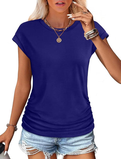 Sampeel Womens Summer Tops Trendy 2026 Ruched Cap Short Sleeve Tshirts Shirts Crew Neck T Shirts Fashion