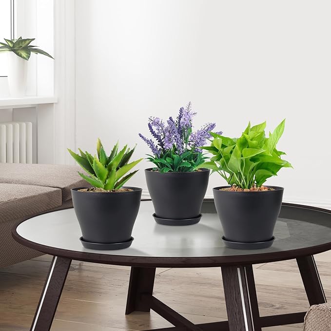 6 inch Plastic Nursery Pots, 16 Pack Plant Pots for Small Indoor Outdoor Plants, Flower Pots with Drainage Holes and Saucers, Decorative Seedling Starter Planters for House Plants, Black
