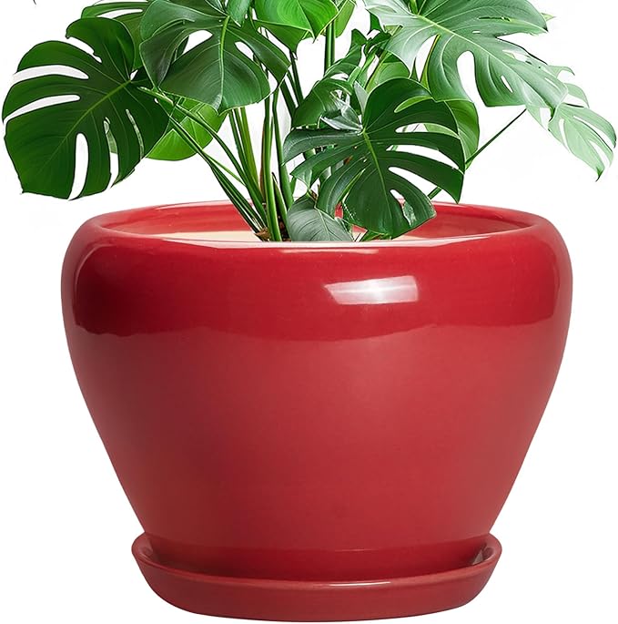 10 Inch Plant Pot - Ceramic Planter for Indoor Outdoor Plants, Glaze Modern Round Planter with Drainage Hole and Saucer, Gifts for Plant Lovers, Home Room Garden Decor, Red
