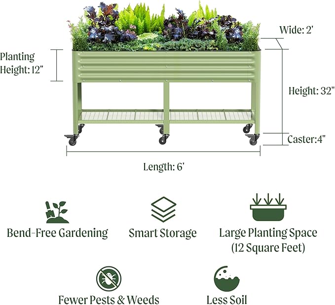 Rolling Elevated Raised Garden Bed-V Series, 2' x 6' Garden Beds with Legs & Storage Rack for Patio & Porch, 1000 Lbs Weight Capacity, Outdoor Planter Box for Vegetables Flower Herbs, Olive Green