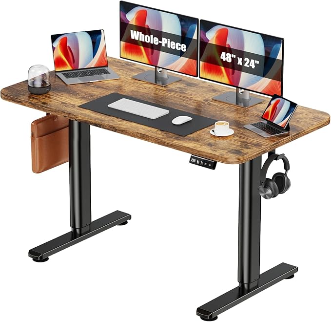 Electric Standing Desk Adjustable Height Stand Up Desk, 48" x 24" Sit Stand Desk, Low Noise Home Office Desk, Computer Desk with Whole-Piece Board, Child Lock & Memory Function, Rustic Brown