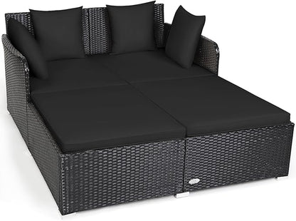 Tangkula Outdoor Rattan Daybed, Wicker Furniture with Spacious Seat, Upholstered Cushion & High-Resilience Sponge, Patio Sofa Set with 4 Pillows, 2-Person Sunbed for Poolside Backyard Garden & Balcony