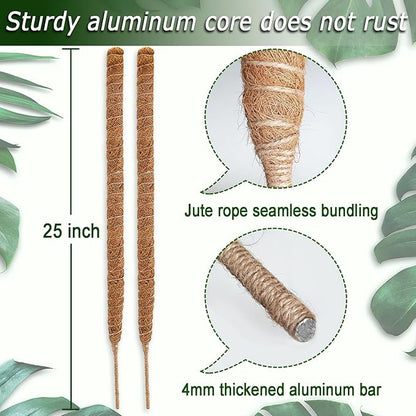 2 Pack 25" Moss Pole, Bendable Moss Pole for Plants Monstera, Moss Poles for Climbing Plants Indoor, Handmade Coco Coir Plant Pole Sticks Support Stakes for Potted Plants