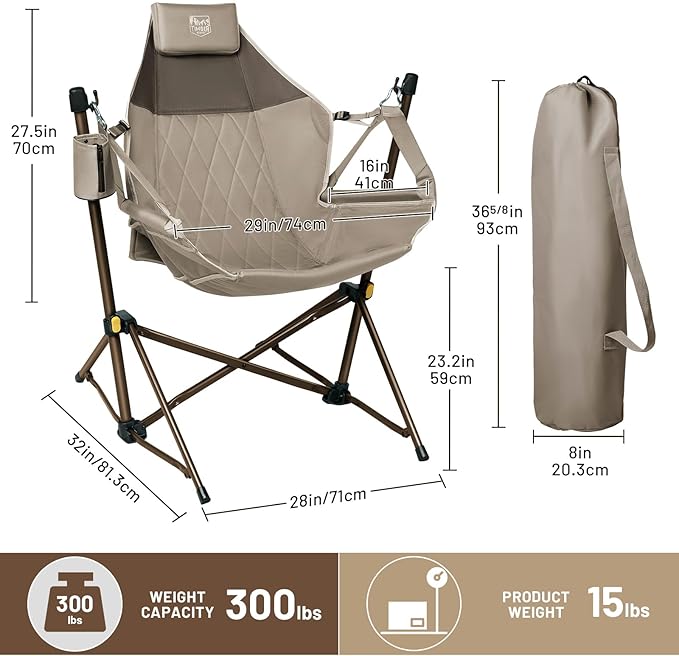 TIMBER RIDGE Hammock Camping Chair with Adjustable Backrest, Heavy Duty Folding Hammock Chair Supports 300lbs, Portable Hammock Chair for Camping, Travelling and Patio, Tan