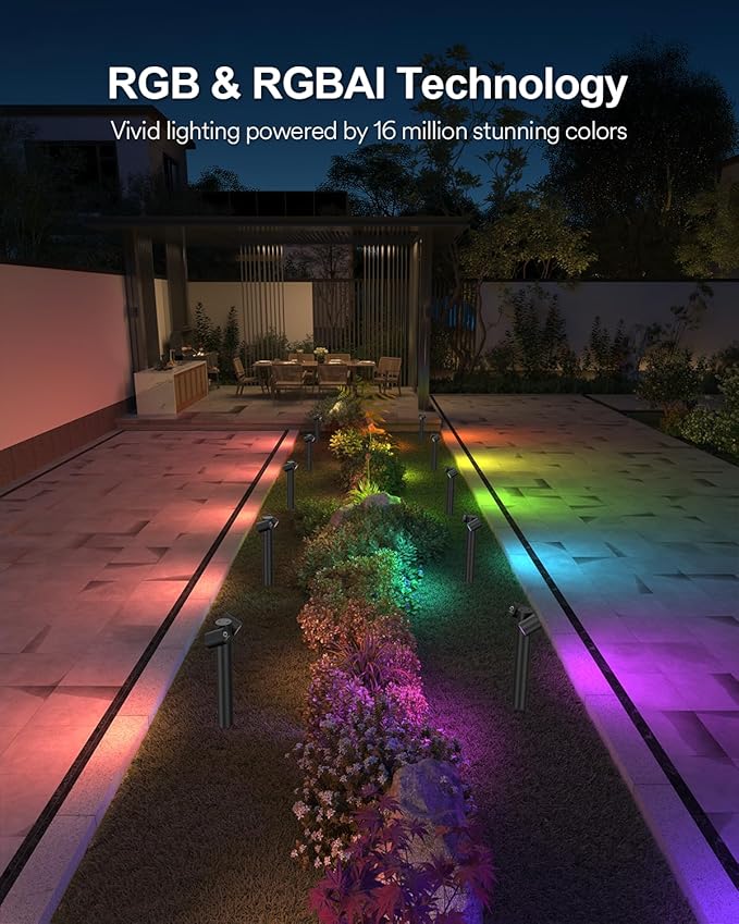 Lumary Smart Pathway Lights Pro 700LM, RGBAICW Color Changing Landscape Lights with 8 Adjustable 355° Spot Lights IP65 Waterproof, 48FT Wired Outdoor Landscape Lighting, WiFi APP/Voice/Remote (4 Pack)