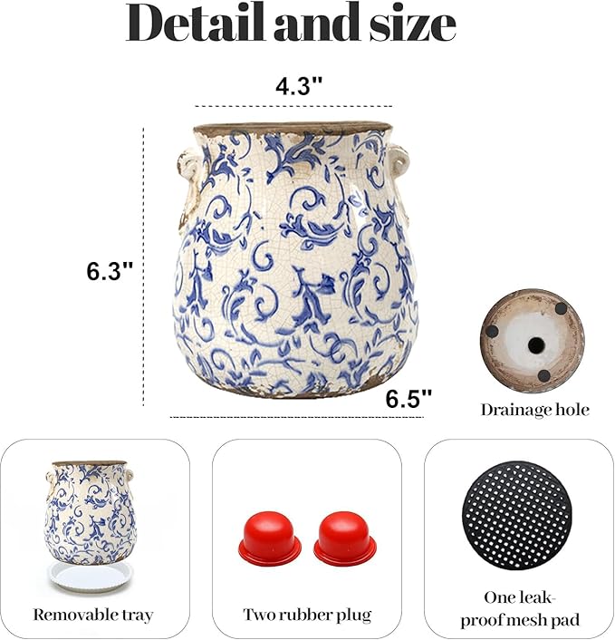 Vintage Plant Pot Rustic Planter Container with Drainage Hole Ceramic Ice Crack Flower Pot Decorative Planter for Indoor and Outdoor Tuscan Decor Vase Gardening Gift (Blue)
