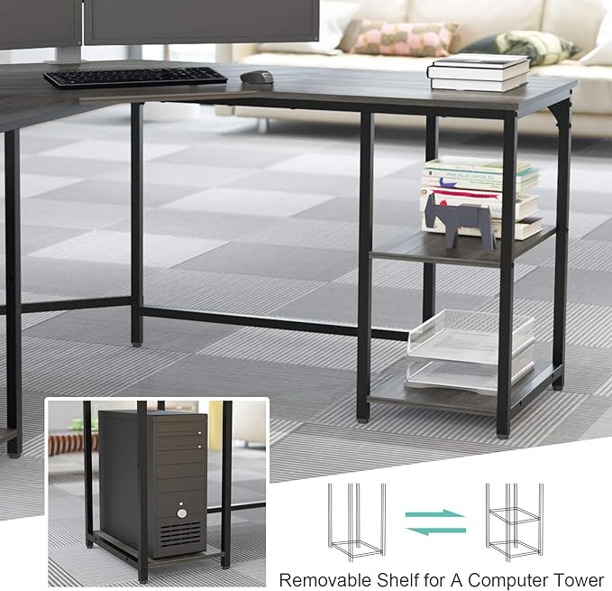 Elephance Large L-Shaped Computer Desk with Shelves, Corner Desk, Home Office Writing Workstation, Gaming Desk PC Latop Table with Storage
