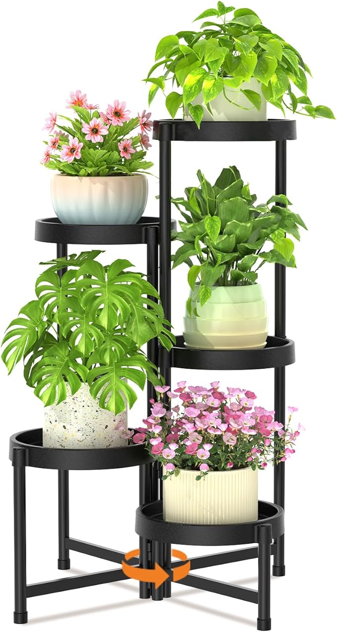 LASZOLA 5 Tiered Folding Plant Stand Indoor for Multiple Large Planter, Tall Heavy Duty Adjustable Rack with Rust Proof Plastic Shelving, Sturdy Vertical Tree Organizer for Narrow Inside Floor, Black