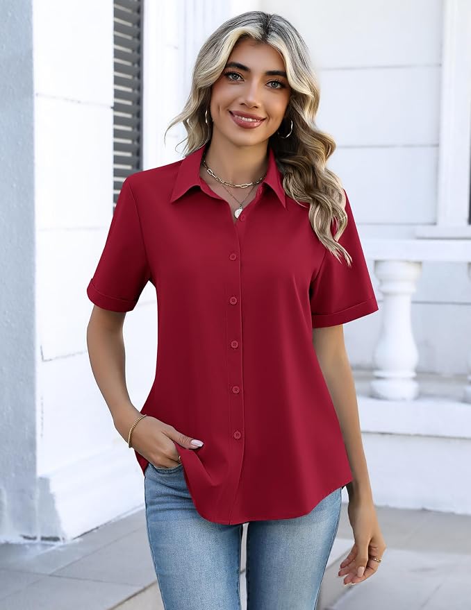 Zeagoo Button Down Shirts for Women Short Sleeve Collared Tops Dressy Casual V Neck Blouses