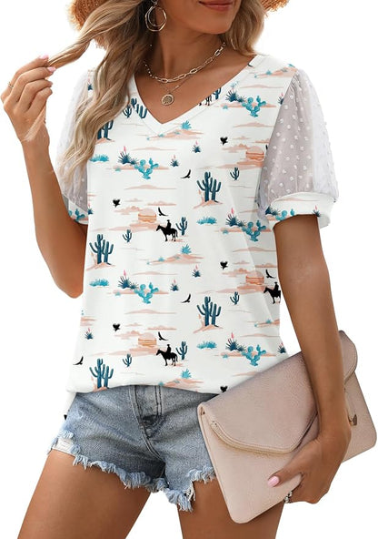 Aokosor Womens Summer Tops V Neck T Shirts Swiss Dot Puff Sleeve Tops Loose Casual Tshirts
