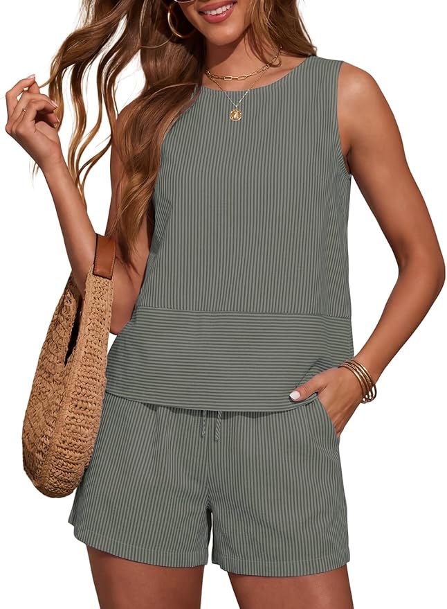 LOMON Women's Trendy 2 Piece Outfits Shorts Sets Summer Crew Neck Sleeveless Tank Top and Bottom Matching with Pockets 2026