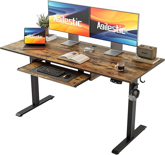 Height Adjustable Desk with Keyboard Tray, 55 x 24 Inches Electric Standing Desk, Stand up Computer Table with Memory Preset, Modern Lift Motorized Gaming Workstation, Rustic Brown